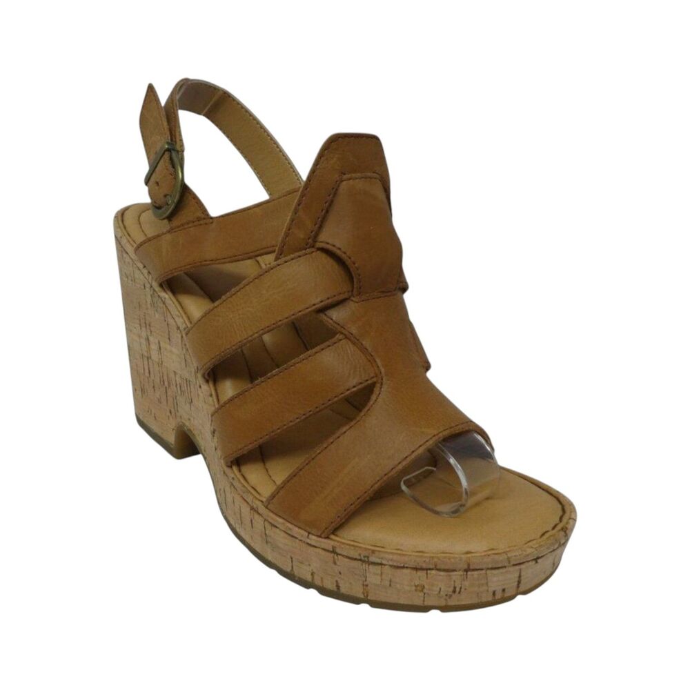 Born Bernese Brown Leather Open Toe Cage Wedge Cork Heel Sandals Womens 9